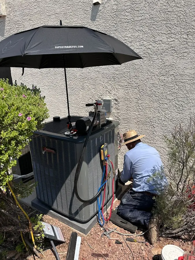 HVAC technician performing outdoor AC maintenance in Amelia
